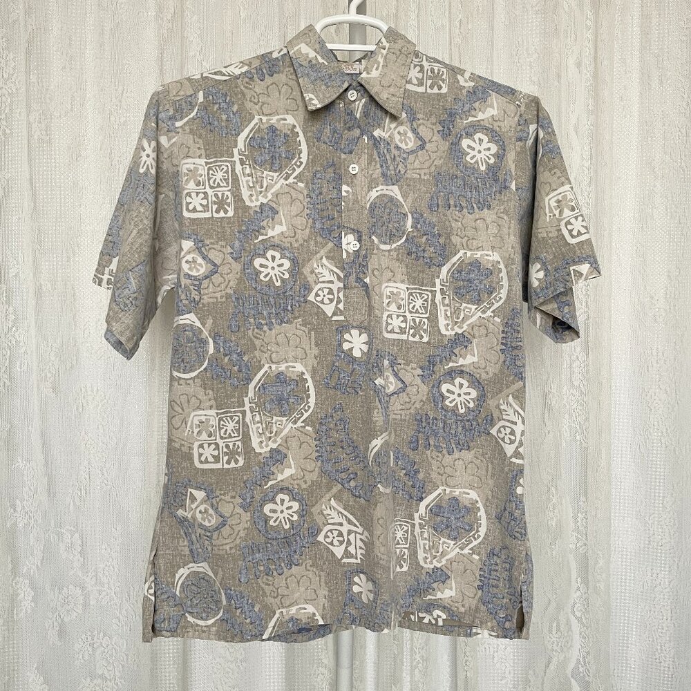 Vintage Go Barefoot Men's Hawaiian Shirt Large Gray Popover Reverse Print Aloha